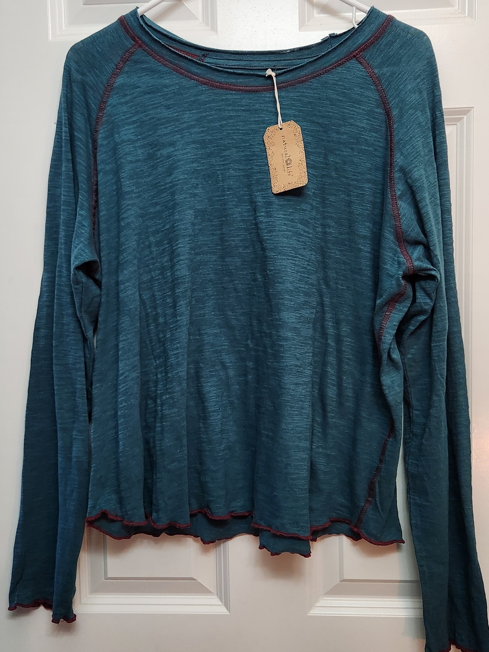 NATURAL LIFE, Teal Top with Wine Color Contrast Stitching. XXL